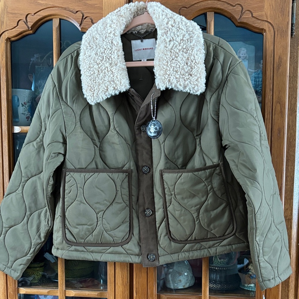 Lucky Brand Olive Green Quilted Jacket with Cream Sherpa Collar